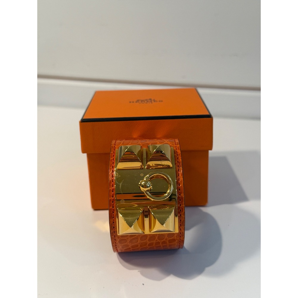Hermes‎ Collier de Chien CDC Bracelet Orange Alligator Gold Hardware Cuff Box